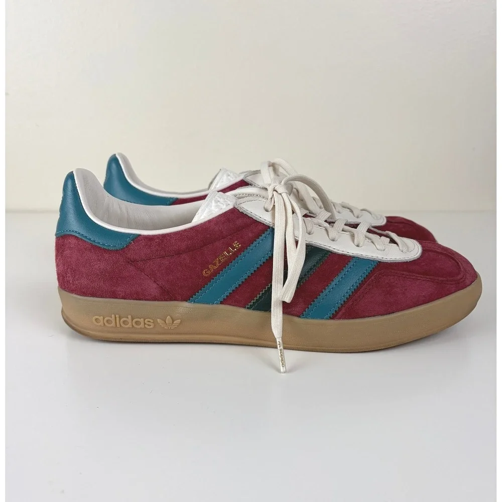 Adidas Gazelle Indoor Burgundy Teal Suede Gum Sneakers Men 8.5 Women 9.5